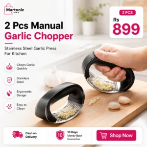 • Made from high-quality stainless steel • Strong, rust-proof, and durable material • Comfortable non-slip soft grip handle • Crushes garlic quickly and evenly